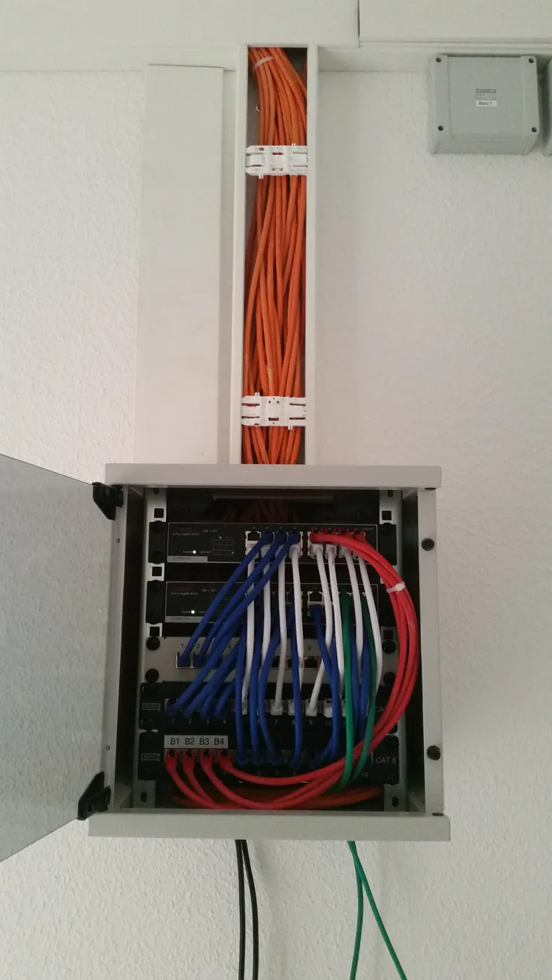 Wandverteiler mit zwei Switches und farblich geordneten Patchkabeln